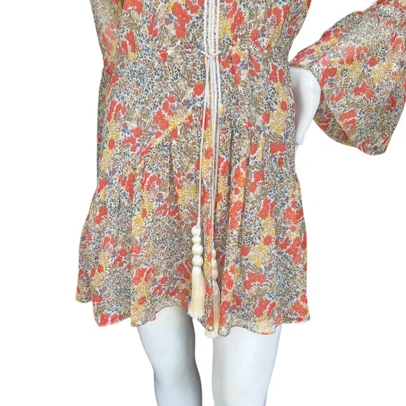Alexis Floral Flowy Mini Babydoll Dress with Bell Sleeves and Tassels Size XS - Picture 7 of 14